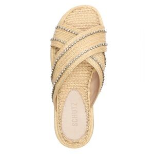 Schutz Carlotta Crystal Stud Crisscross Woven Raffia  Sandals 7.5